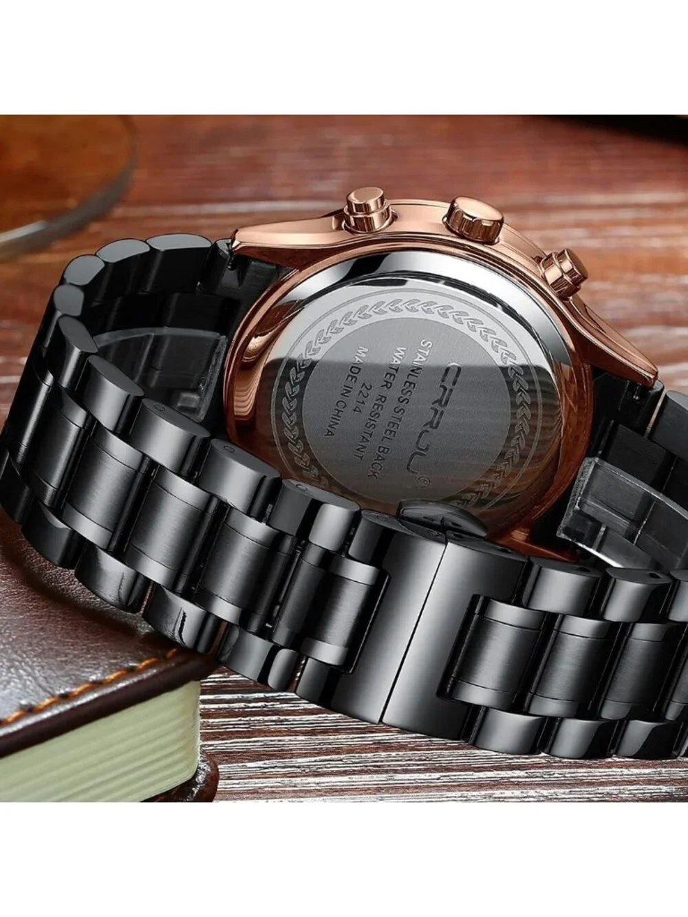 Men's Black Rose Gold Analog Stainless Steel Waterproof Chronograph Wrist Watch